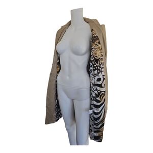 Cache Linen-Blend Trench Coat – Metallic Animal Print Lining – Size Small
